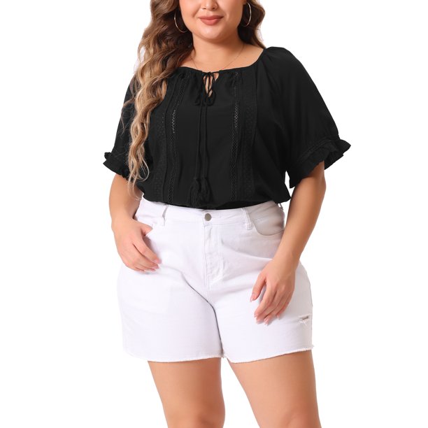 Agnes Orinda Blusas de Manga Corta con Volantes y Encaje de Verano para Mujer de Talla Grande con Flecos 2X Negro