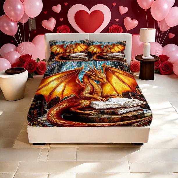Fantasy Dragon Book Pavilion Printed Bed Fitted Sheet Pattern Printed Bed Fitted Sheet a Must-Have for Family Guest Rooms Deep Pockets for a Secure Fit Soft And