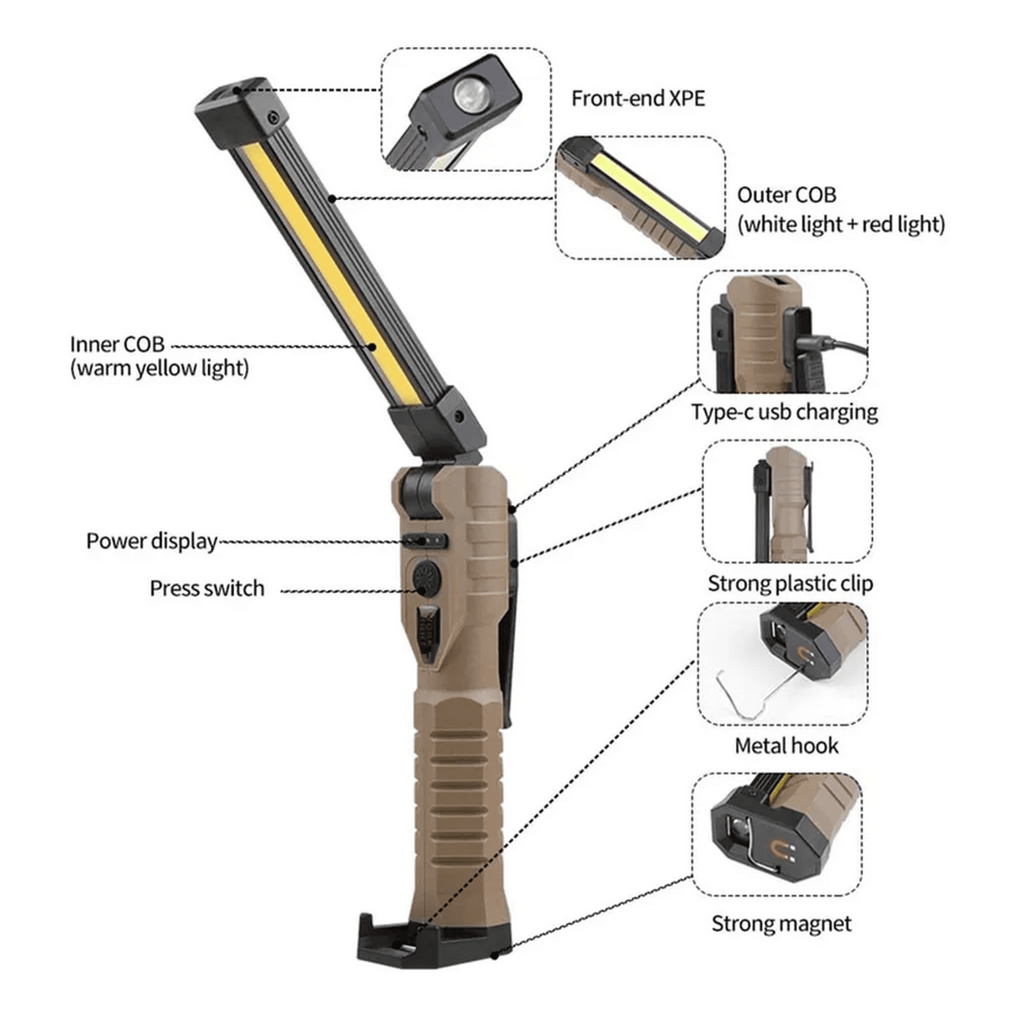 Genérico - Linterna De Trabajo Led Plegable Recargable Con Imán 360° 7n1 Marrón