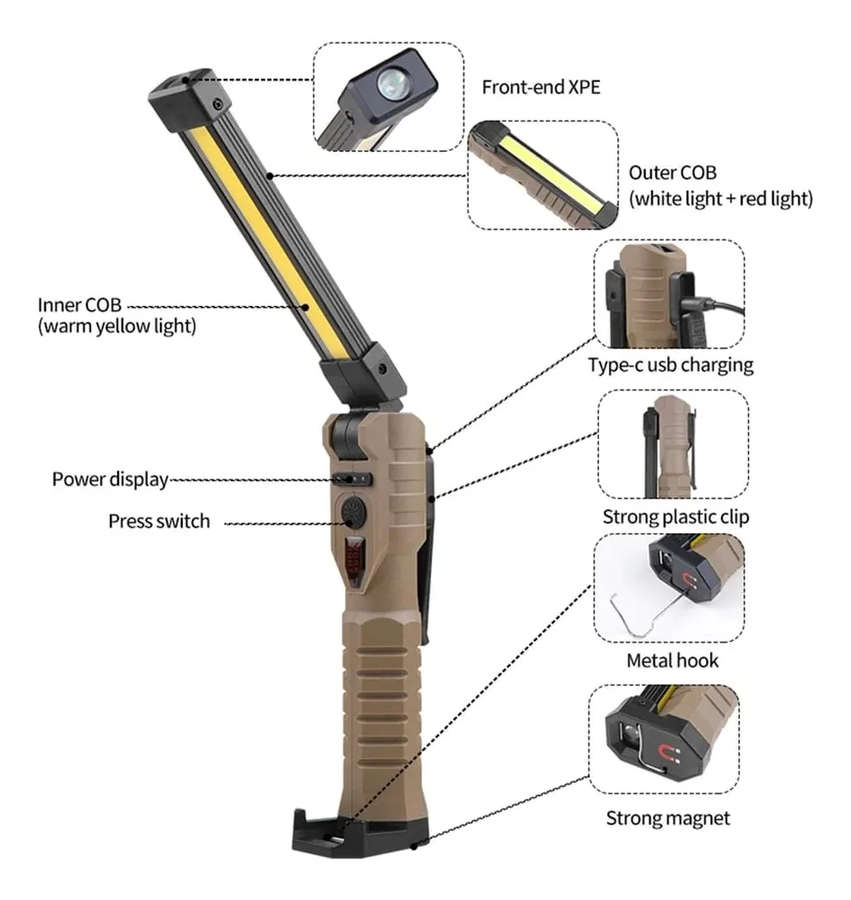 Genérico - Linterna De Trabajo Led Plegable Recargable Con Imán 360° 7N1 Marrón