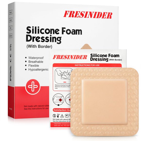 Apósito de espuma de silicona FRESINIDER 8 × 8 cm con borde adhesivo – paquete de 5