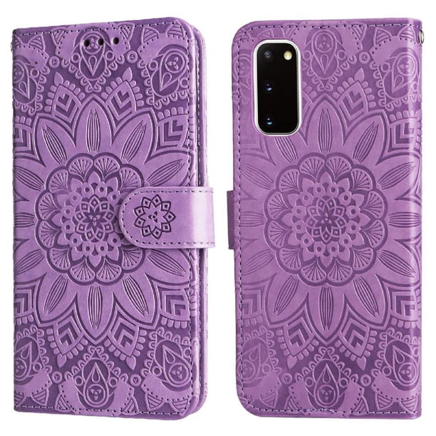 Funda tipo cartera FOXDOCK para Samsung Galaxy S20 , diseño girasol en relieve, cuero PU, cierre magnético, soporte y tarjetero