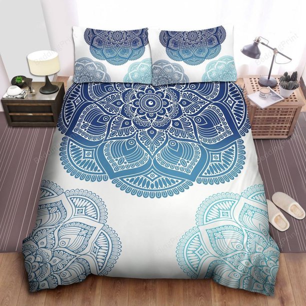 Floral Mandala Blue Shadess Quilt Duvet Cover Set Bedclothes Bedroom Decor3-Piece Bedding Set
