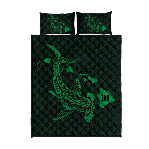 Mapa Hawaiano Hamerhead Tiburón Polinesia Juego de Cama Colcha Verde