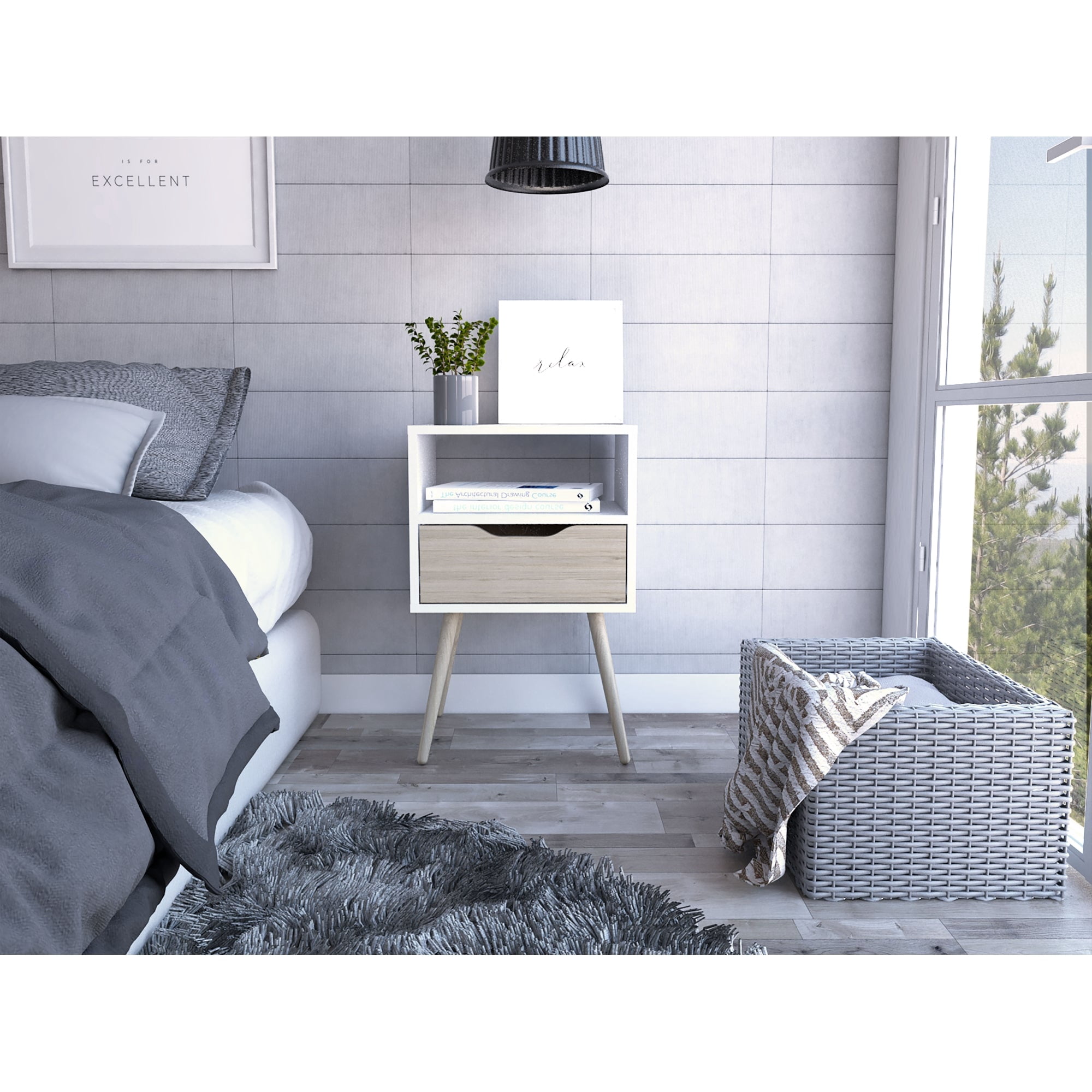 Tuhome - Velador Otom 1 Cajón Blanco Y Rovere 63x40x35 Cm