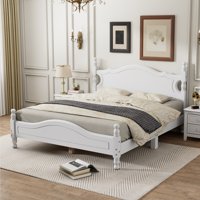 M&Ms - Queen Size Wood Platform Bed Frame,Retro Style Platform Bed With Wooden Slat Support,White