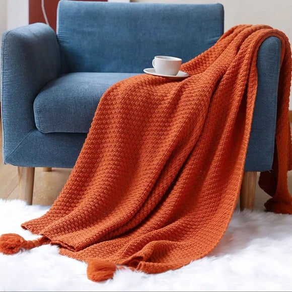 Manta Nordica Con Borlas Tejida Frazada Decorativa 127x172cm Naranja