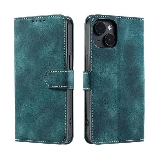 Funda Cartera para iPhone 14 Plus Tapa con Ranuras, Soporte y Correa Verde