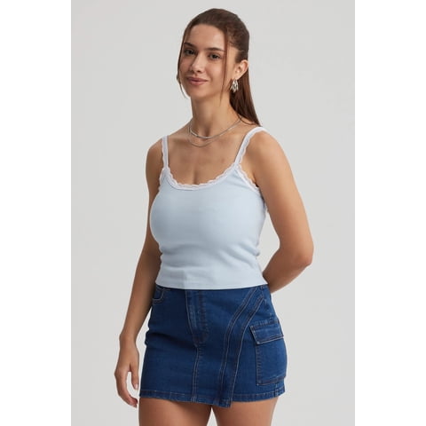 Fashionspark - Polera Mujer Encaje Escote Celeste Oscuro