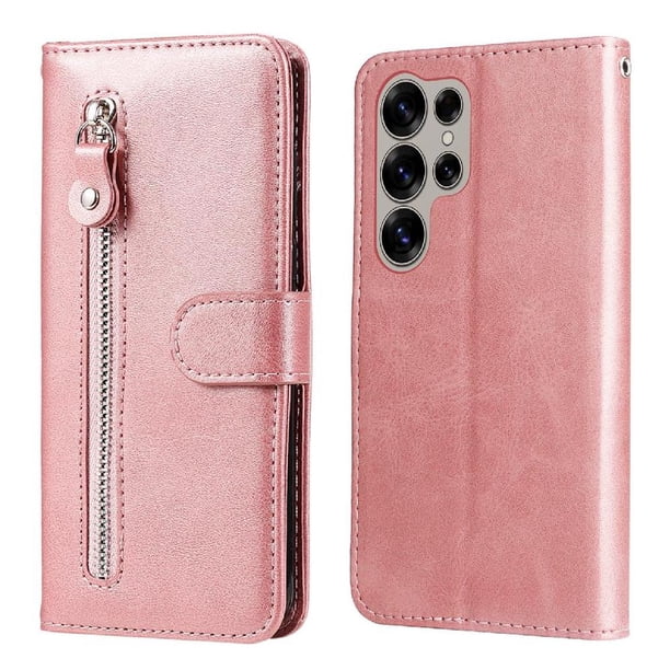 Funda tipo cartera para Samsung Galaxy S25 Ultra con bolsillo con cremallera y ranuras para tarjetas – Función de soporte Rosa