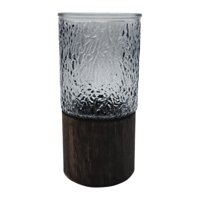 Fliperex - Florero Decorativo De Vidrio Oscuro Diseño Base De Madera