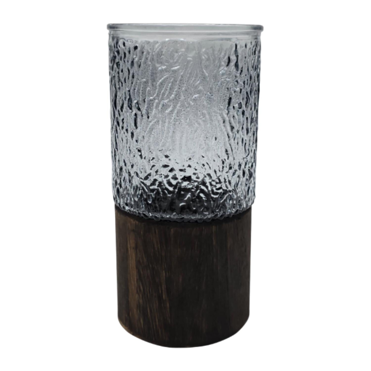 Fliperex - Florero Decorativo De Vidrio Oscuro Diseño Base De Madera Gris Oscuro