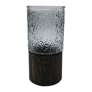 Fliperex - Florero Decorativo De Vidrio Oscuro Diseño Base De Madera Gris Oscuro