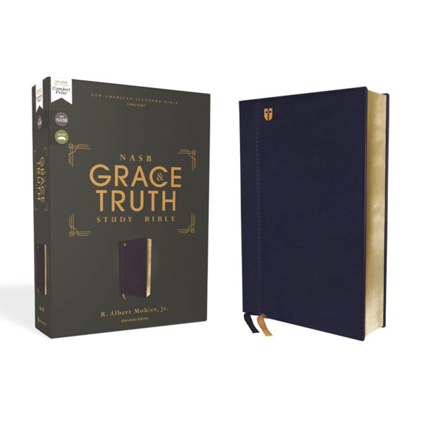 Biblia de estudio Grace and Truth (NASB) HarperCollins 1995, cubierta azul marino con letras rojas
