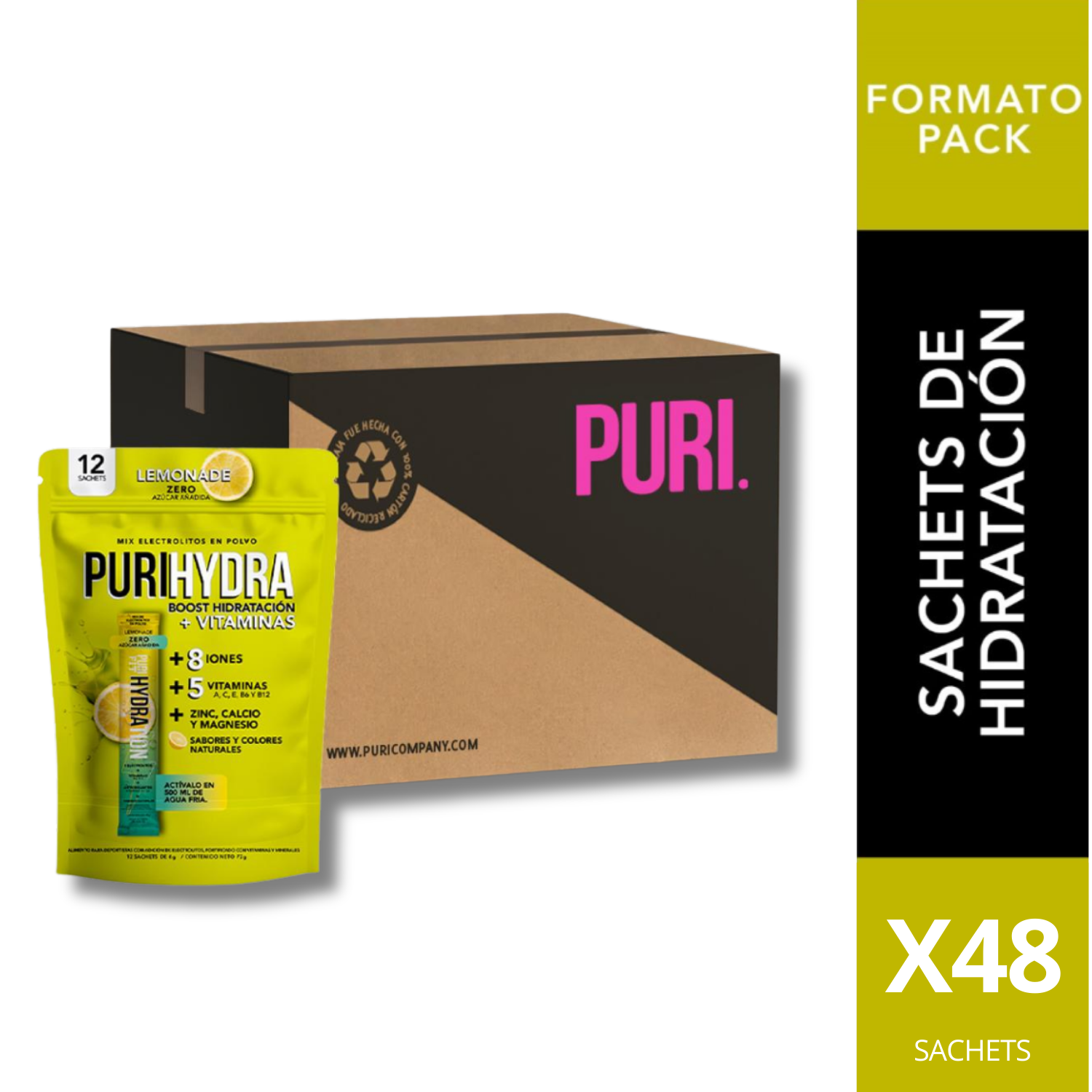 Puri Snacks - Purihydra- Isotónica Sabor Limón 6G. / Caja 48 Sachets