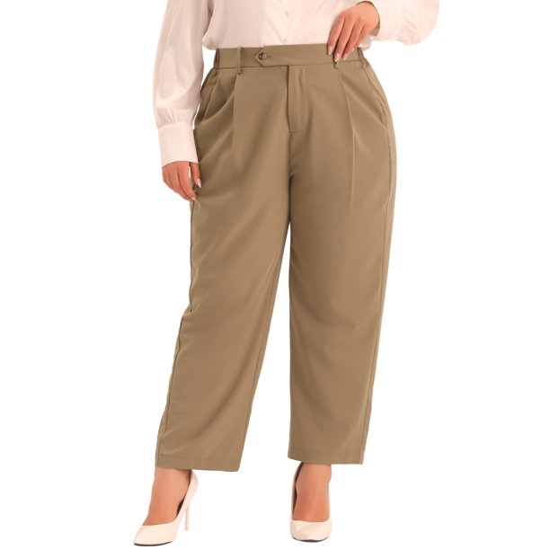 Agnes Orinda Pantalones Casuales de Negocios Rectos de Talla Grande para Mujer con Bolsillo 4X Caqui, de Talle Alto y Plisados para la Escuela, Universidad, Trabajo y Oficina
