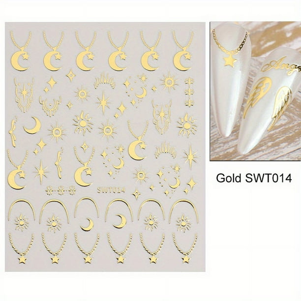 Bronzing Nail Stickers, Angel Wings Star Moon Necklace Nail Decals, Polished Sliver Golden Pattern Manicure Accessories