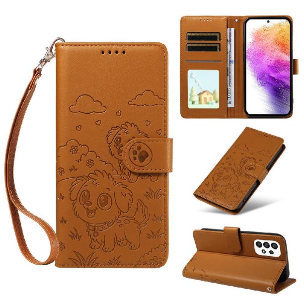 Funda Cartera para Samsung Galaxy A73 5G Perro Cachorro Grabado con Tarjetas Soporte Correa Marrón