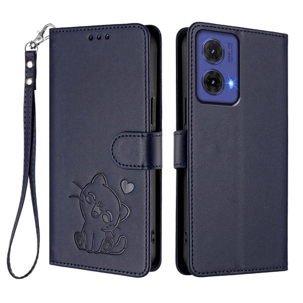 Funda Billetera con Relieve de Gato para Motorola MOTO G85 5G, Azul