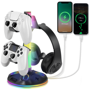 Soporte Para Auriculares Aaronmei Rgb Con Puerto De Carga Usb, Type-C Y 3.5Mm Negro