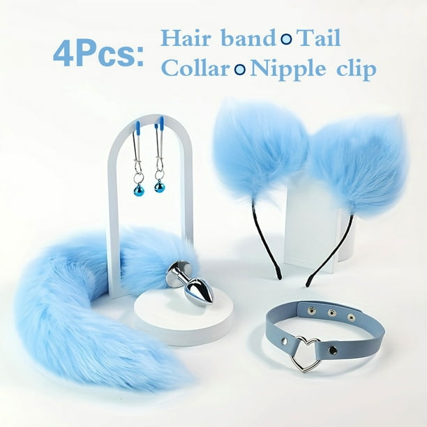 4pcs/set, Fox Tail Anal Plug Collar and Nipple Clip Hair Band - Enhance Your Sexual Experience with Adult Sex Toys for Women