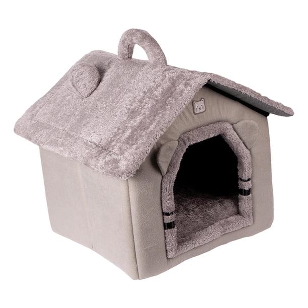 Cama para gatos de terciopelo de felpa extraíble y lavable, nido cerrado para interiores, cama para perros pequeños, cómoda caseta portátil con asa, a Gris