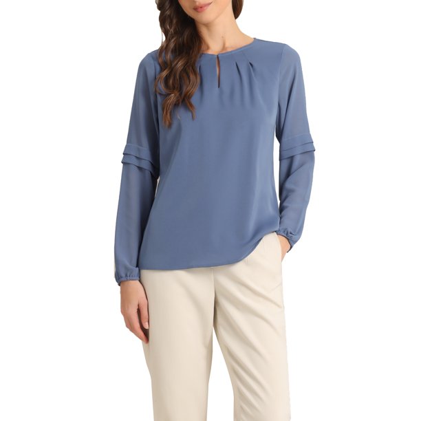INSPIRE CHIC Blusa de Chifón para Mujer de Regreso a Clases Cuello con Abertura Manga con Apliques Elegante Top de Trabajo XL Azul