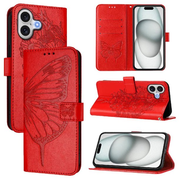 Funda cartera mariposa para iPhone 17 con soporte y ranuras para tarjetas Rojo
