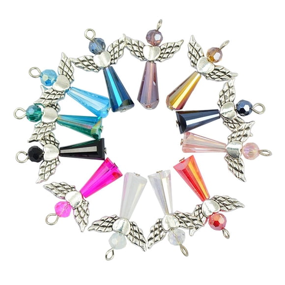Fiocias Set 12 Colgantes de Vidrio Facetado con Cuentas, Corazón y Ala de Ángel Plateado Tibetano