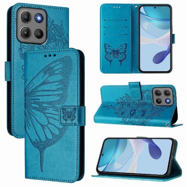 Funda Cartera Mariposa Para Motorola Moto G17 Power Con Soporte Y Ranuras Para Tarjetas Azul