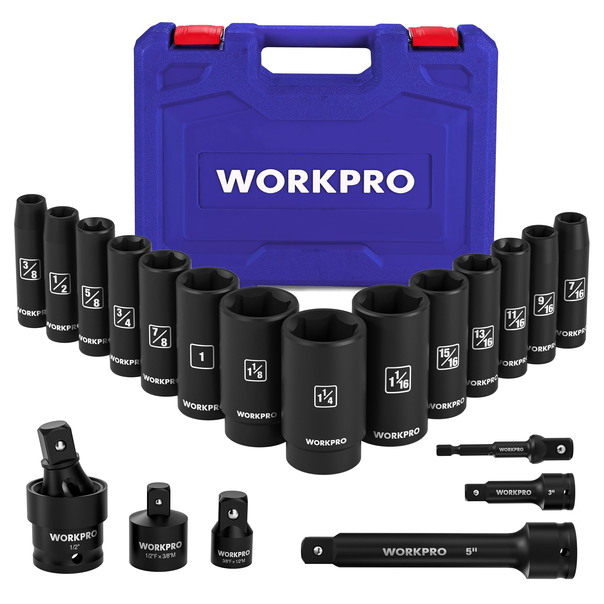 Juego De Enchufes Workpro, 20 Unidades, 1/2 Pulgada, Deep Impact, 6 Puntos