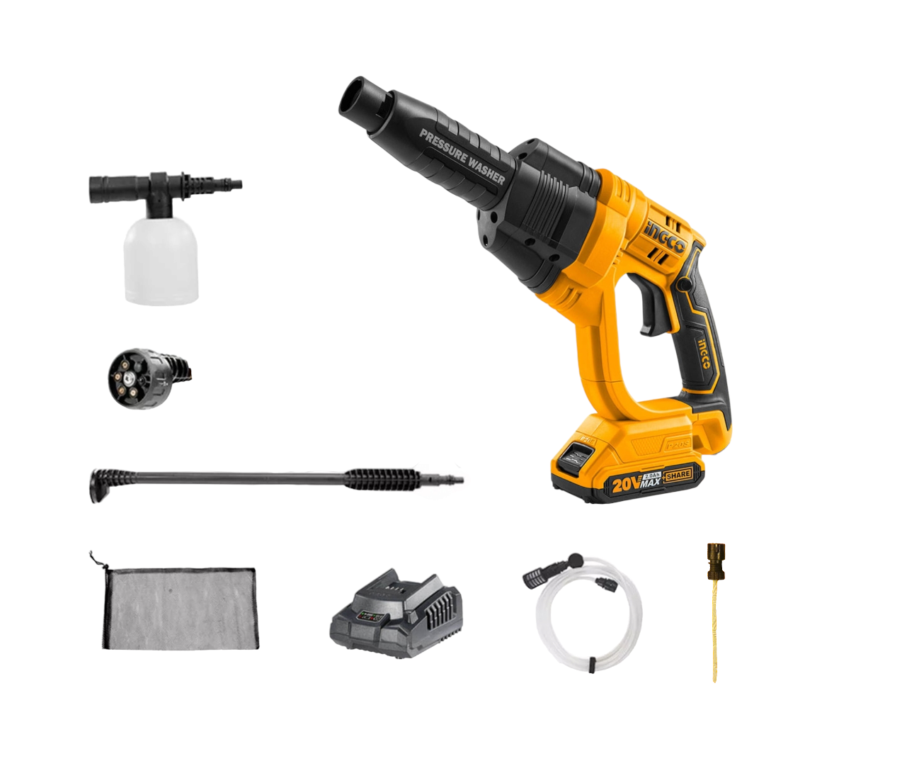Hidrolavadora Inalambrica 20V Ingco + Bat+ Carg+ 5 Acc
