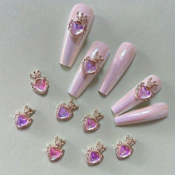 Crown Heart Nail Charms 3D Gold Nail Art Charms Alloy Nail Jewels Nail Rhinestone Crystal Gem Charms For Nails Design Acrylic Nail Decoration For Nail Art Accessories, 10 Pcs