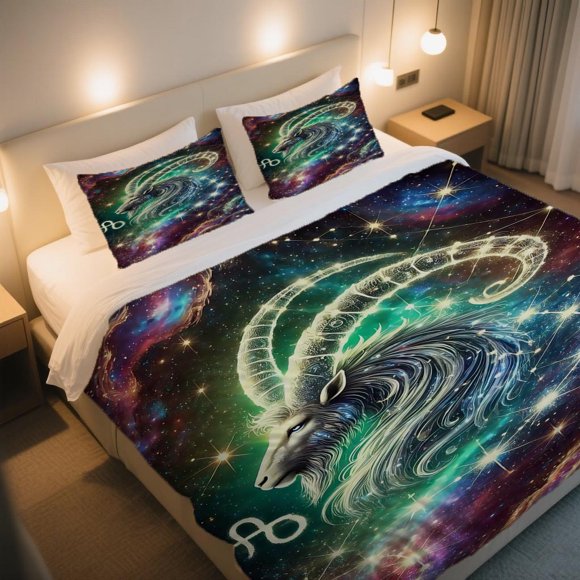 Celestial Capricorn Goat Duvet Cover Set in Cosmic Splendor Exclusive for Halloween! Vintage Duvet Cover Set Breathable bedding