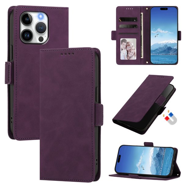 Funda Billetera Delgada para iPhone 15 Pro con Ranuras y Soporte Morado oscuro