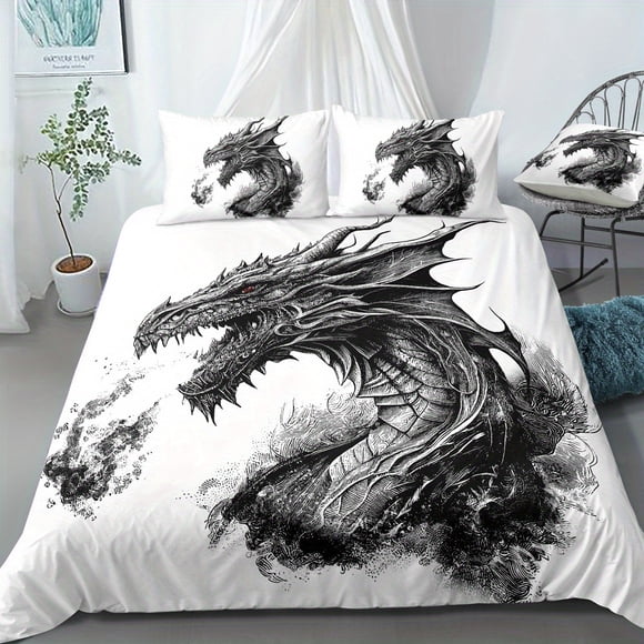 Three-Piec-e Set Beddi-ng Set Myst-erious Dra-gon Beddi-ng Suit with Pringting -Soft and Com-fortab-le Q-uilt- Cover -Suitable- for Bedroom and Gue-st Room