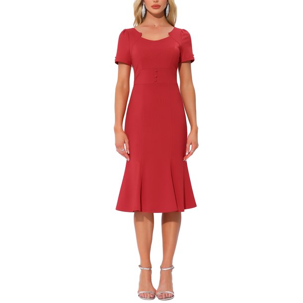 INSPIRE CHIC Vestido de Tubo para Mujer Fiesta de Cóctel Vintage de los Años 50 con Botones Decorativos Vestido Midi de Sirena con Volantes XS Rojo
