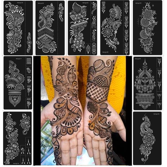 Plantillas de Henna Mzstgh – Kit Reutilizable de 9 Hojas para Tatuajes