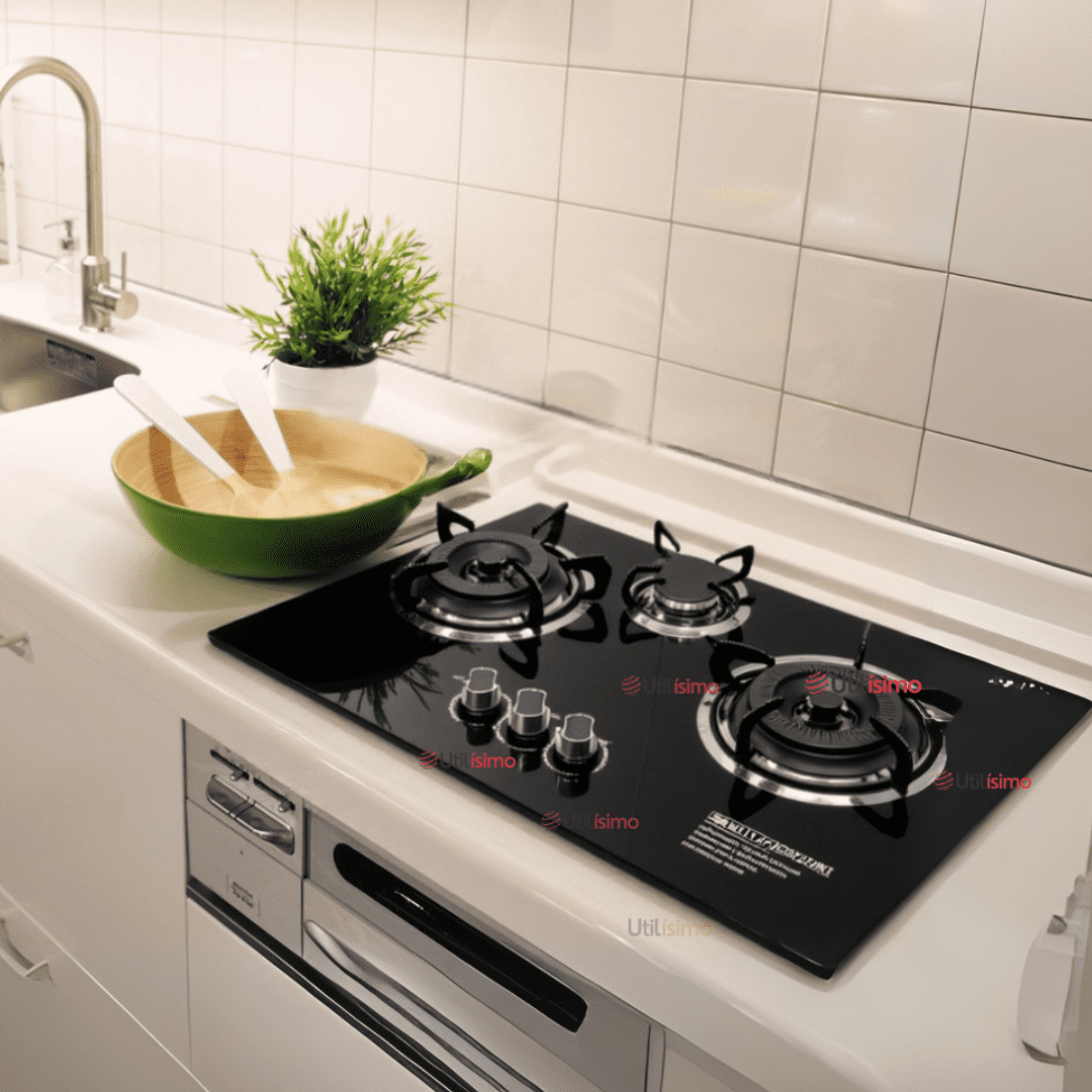 Line - Cocina Encimera A Gas Licuado 3 Platos Vidrio Templado Cocinilla Negro