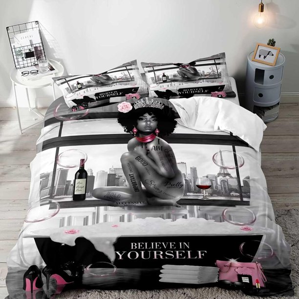 3PCS Sexy Black Girl Duvet Cover Queen Set Pink Bag High Heels Get Naked Inspirational Quotes African American Bedding Set