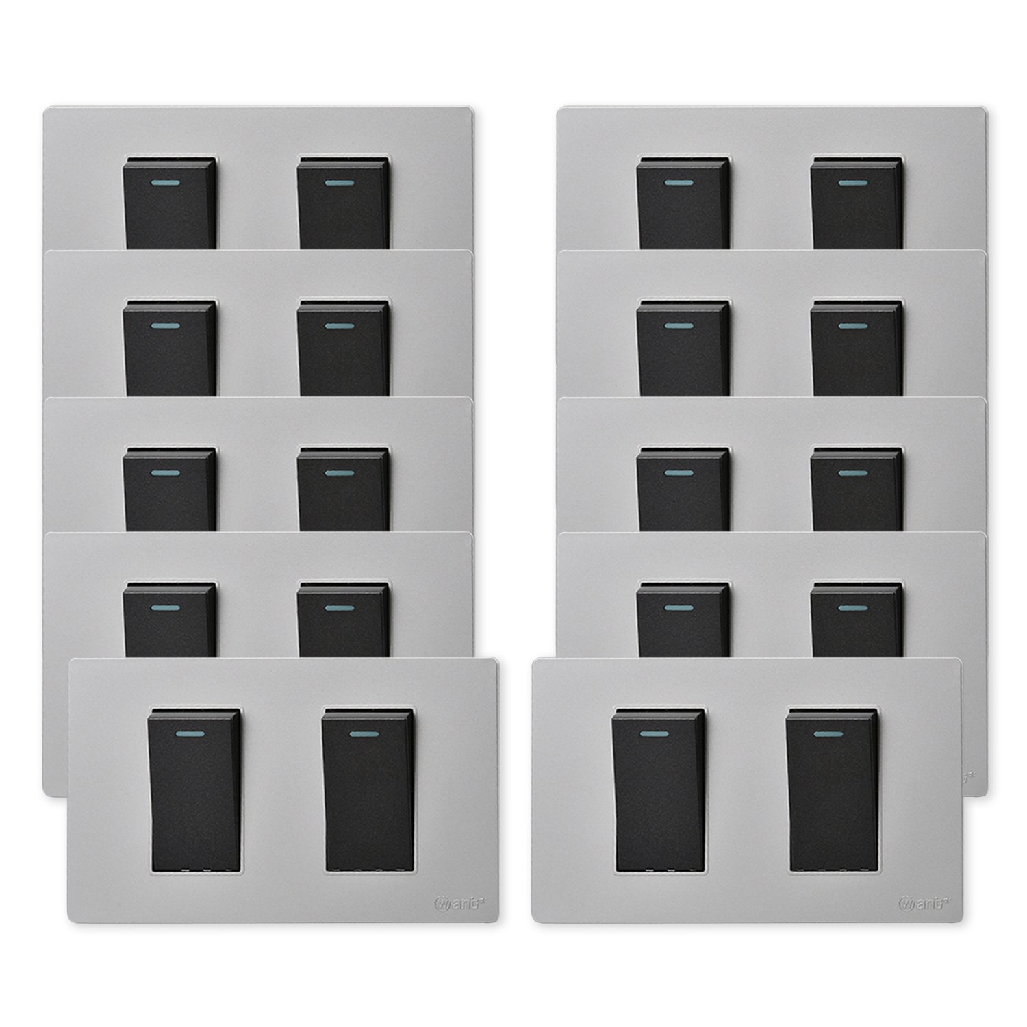 Want - Pack 10 Interruptores Doble Metálico 9/12 16a - Gris Negro