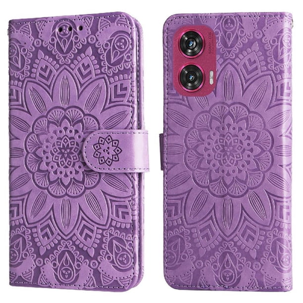 Funda tipo cartera FOXDOCK para Motorola Edge 50 Fusion , diseño girasol en relieve, cuero PU, cierre magnético, soporte y tarjetero