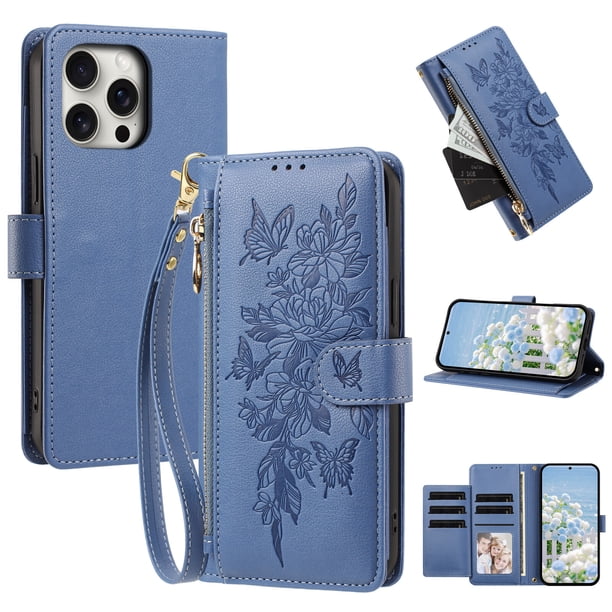 Funda Billetera Floral en Relieve iphone16 promax con Tarjetero y Cremallera Azul