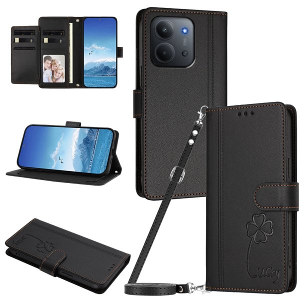 Funda Cartera Trébol para Xiaomi Poco C85 5G con Ranuras Tarjetas y Carga Inalámbrica Negro