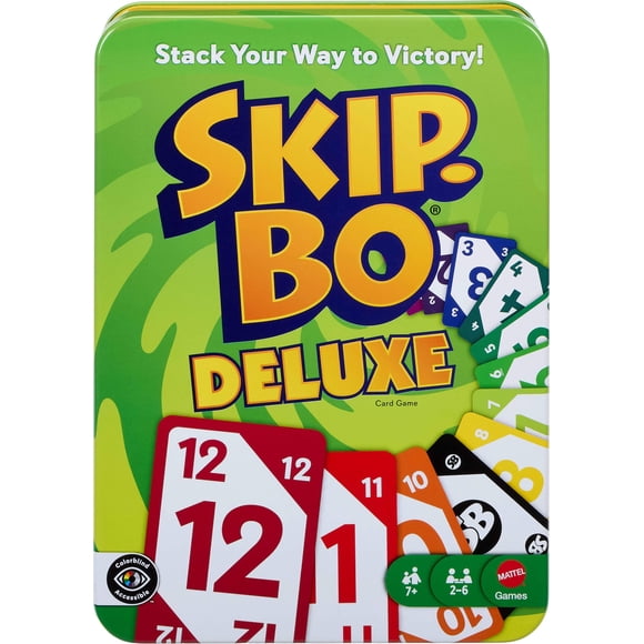 Skip-Bo Deluxe – Juego de cartas de Mattel Games para 2 a 6 jugadores, 7 años o más