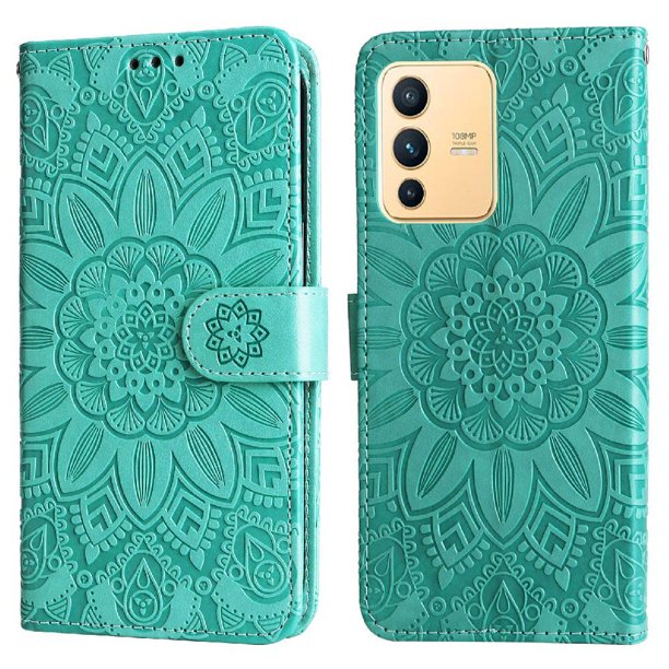 Funda tipo cartera FOXDOCK para Vivo V23 5G , diseño girasol en relieve, cuero PU, cierre magnético, soporte y tarjetero