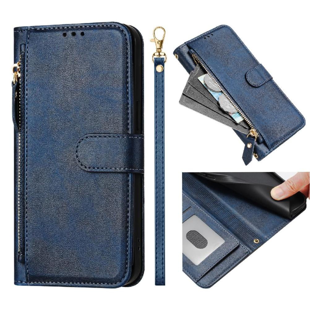 Foxdock - Funda Tipo Cartera Para Tcl 30 Se Con Bolsillo Con Cremallera, Tarjetero, Soporte, Correa Para La Muñeca Y Tapa De Cuero Azul