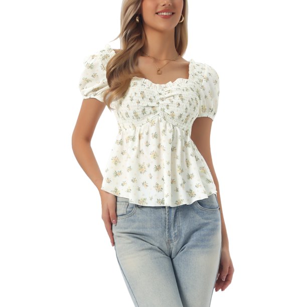 INSPIRE CHIC Blusa Floral para Mujer de Regreso a Clases Cuello Corazón Manga Corta Abullonada Top Peplum Fruncido Beige S