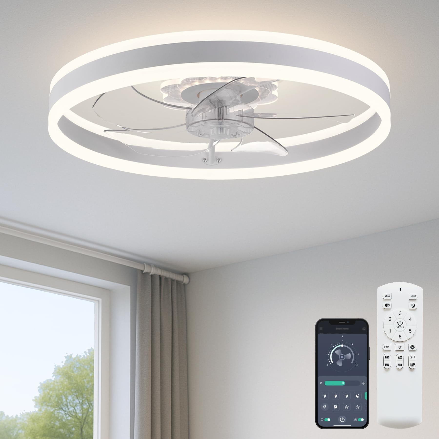 Ventilador De Techo Fszdorj F105 De Perfil Bajo De 20" Con Luz, Control Por App Y Control Remoto