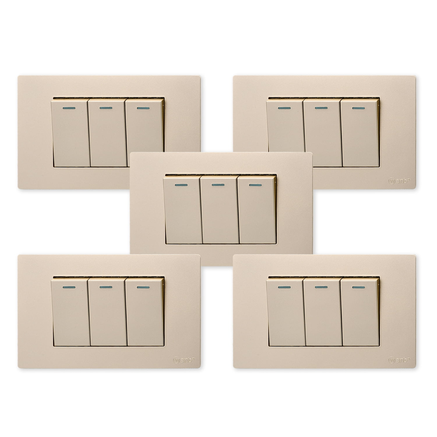 Want - Pack 5 Interruptores Triple Metálico 9/12 16a - Dorado